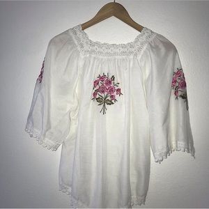 Vintage white blouse with embroidered pink flowers